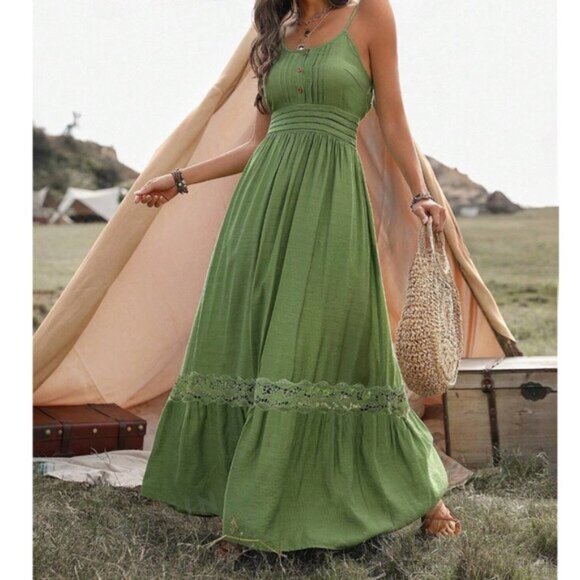 Boho Shirred Ruffle Lace Hem Maxi Dress Green. - Picture 3 of 8